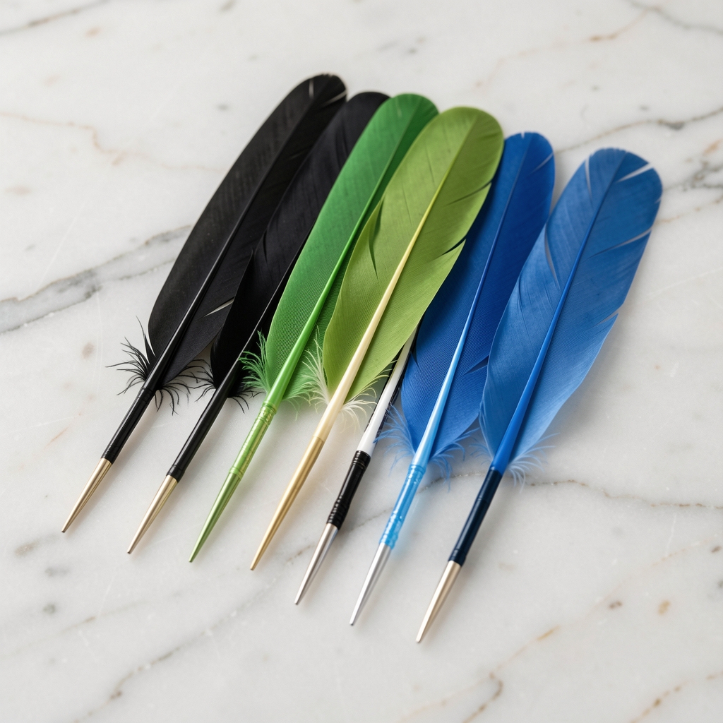 Colección de plumas fuente en negro, verde y azul alineadas sobre mármol claro