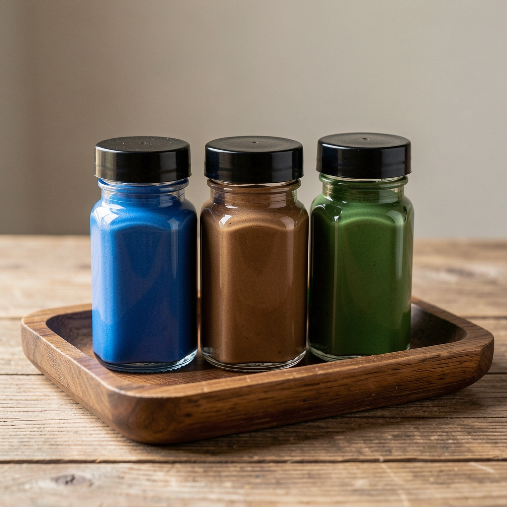 Tres frascos de tinta en tonos azul, sepia y verde sobre una bandeja de madera