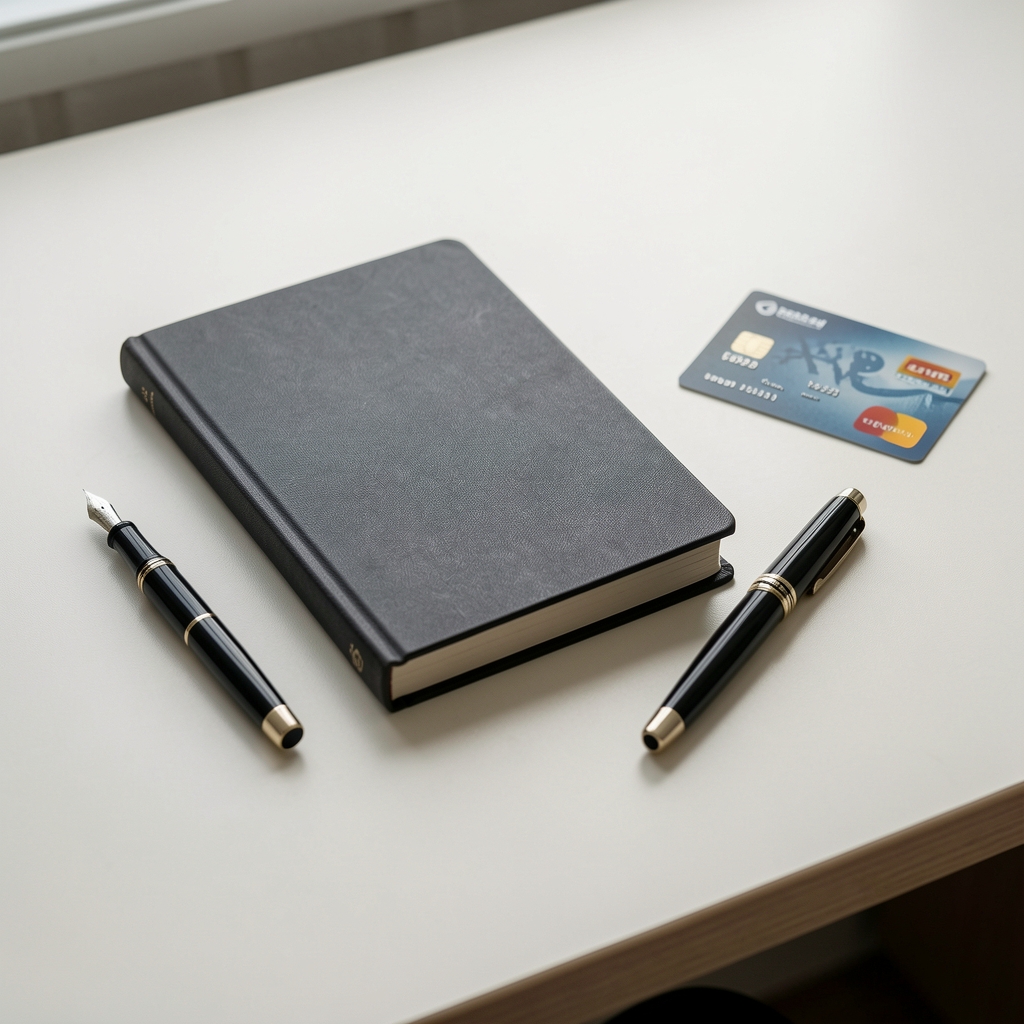 Cuaderno cerrado, pluma fuente y tarjeta de pago sobre escritorio claro sin personas