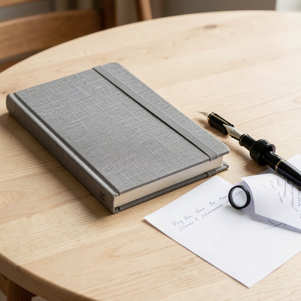 Cuaderno encuadernado en lino gris junto a una pluma fuente y hojas sueltas sobre mesa de madera clara