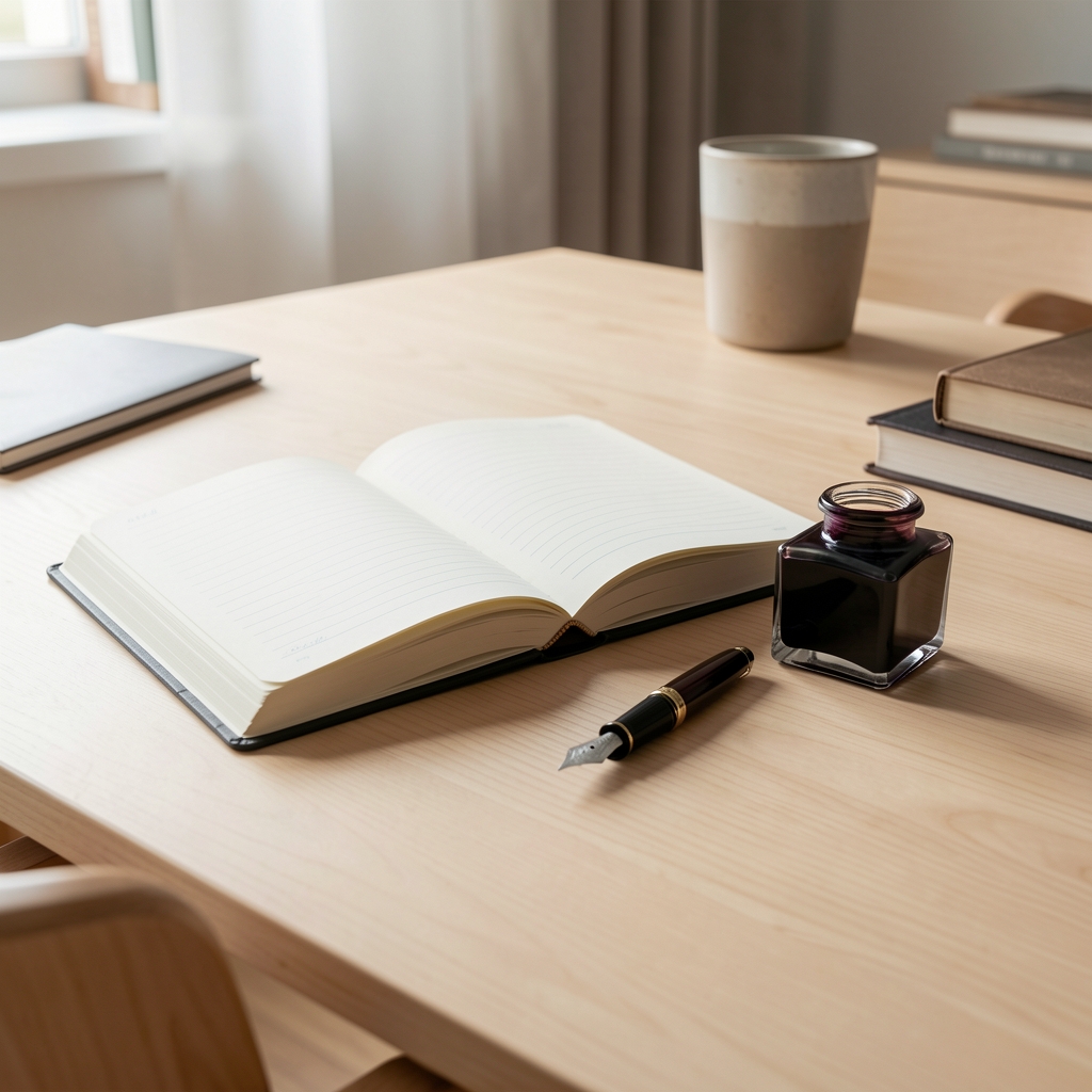 Escritorio de madera clara con cuaderno abierto, pluma fuente y frasco de tinta en composición ordenada