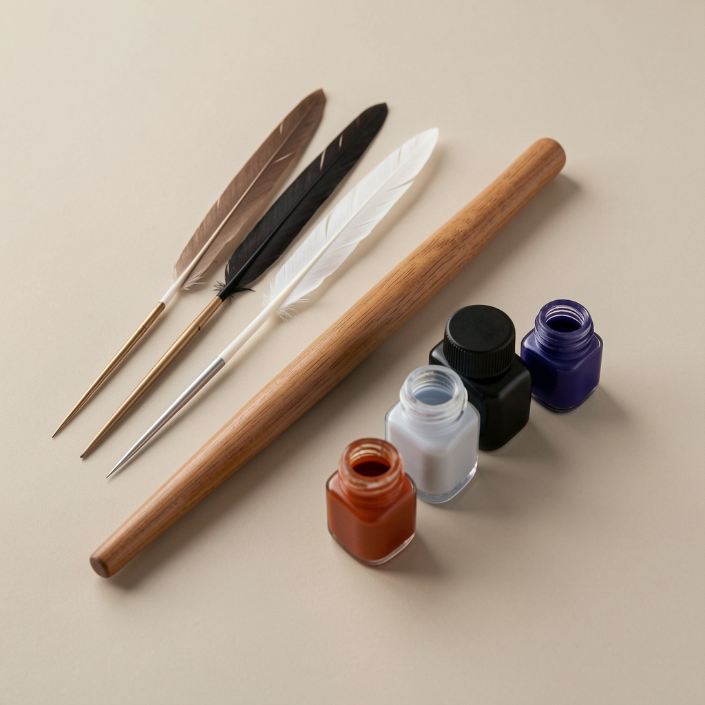 Kit de caligrafía con mango de madera, plumillas y pequeños frascos de tinta dispuesto sobre fondo neutro
