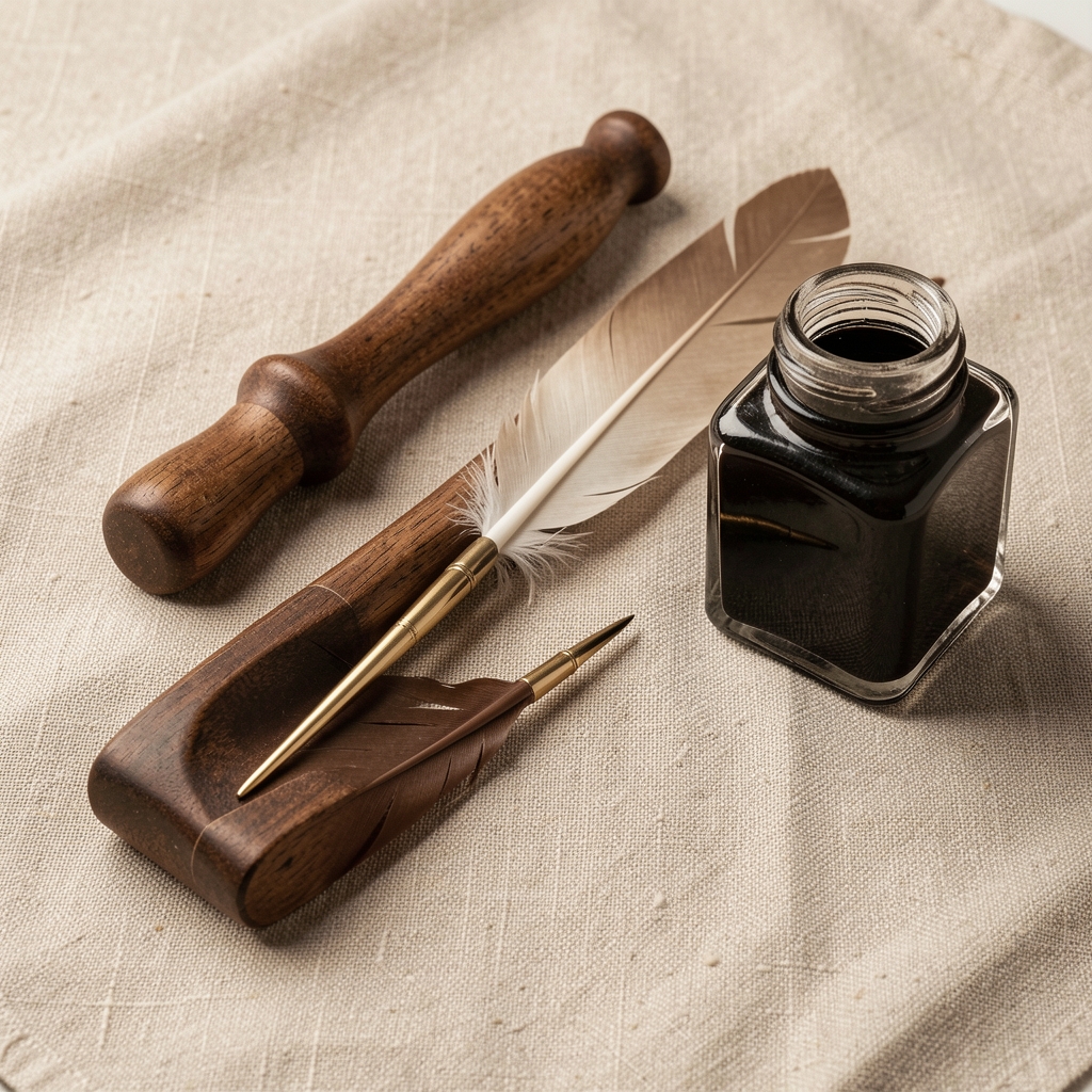 Set de caligrafía clásico con mango de madera, plumillas y frasco de tinta sepia sobre lino