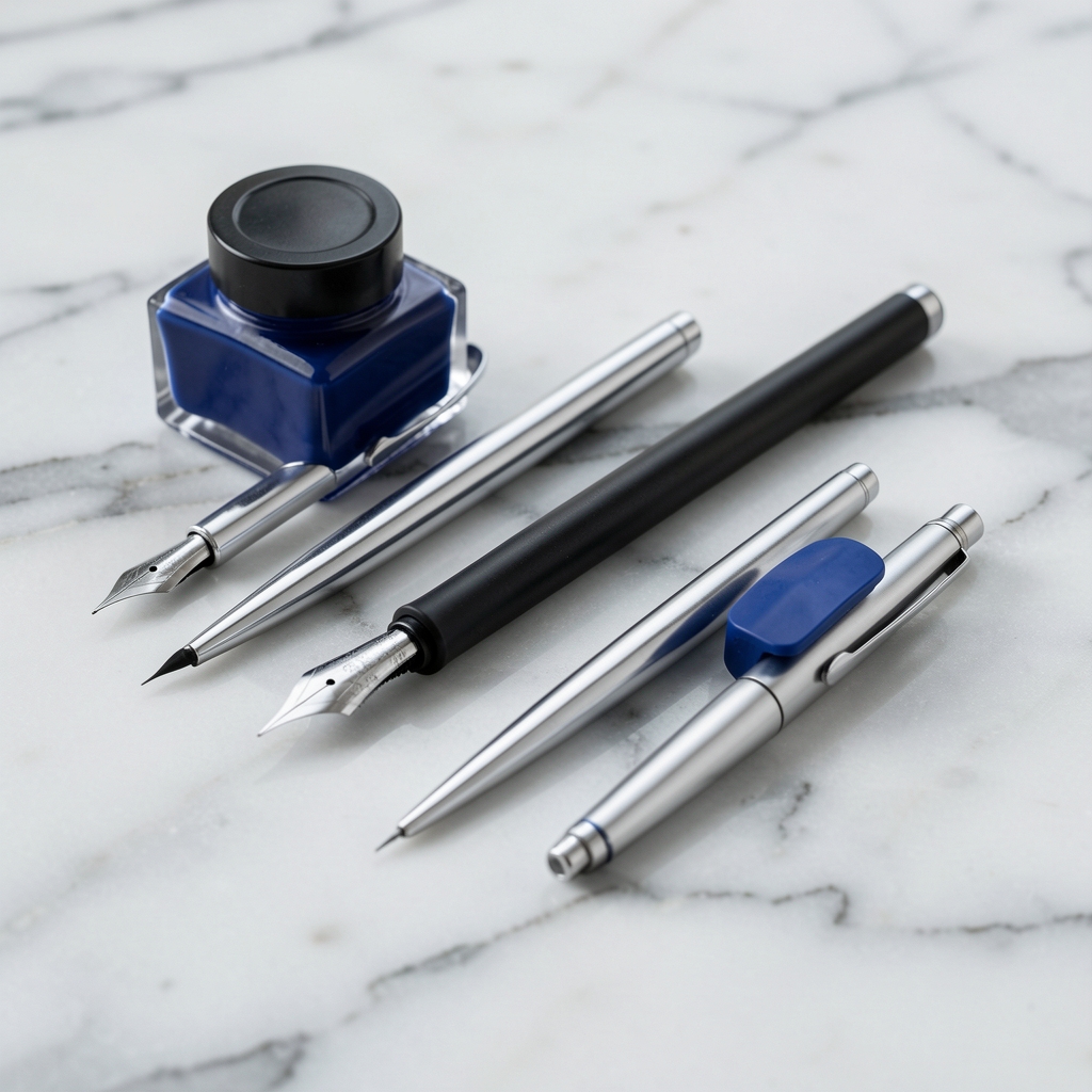 Kit de caligrafía moderno con plumillas plateadas, mango negro y tinta azul sobre mármol