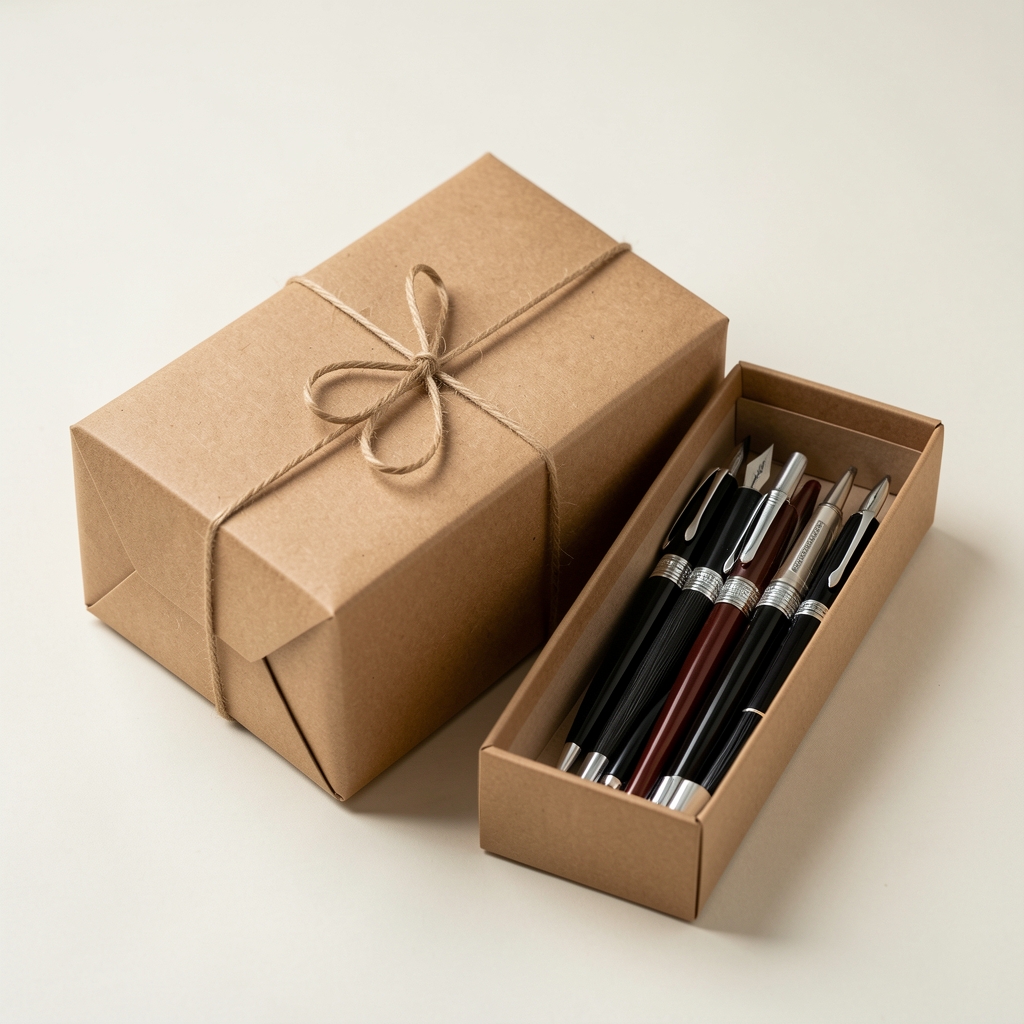 Paquete cuidado con papel kraft, cinta y una caja de plumas fuente listo para envío