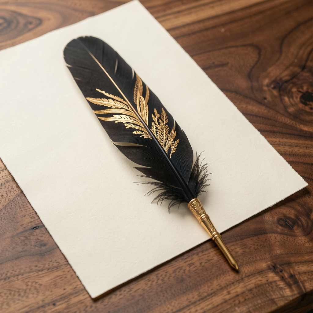 Pluma fuente negra con detalles dorados colocada sobre papel marfil y madera de nogal