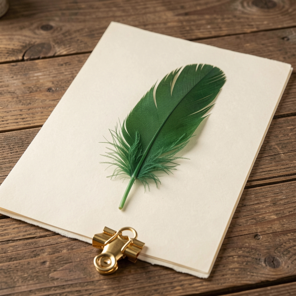 Pluma fuente verde bosque con clip dorado sobre papel marfil y superficie de madera