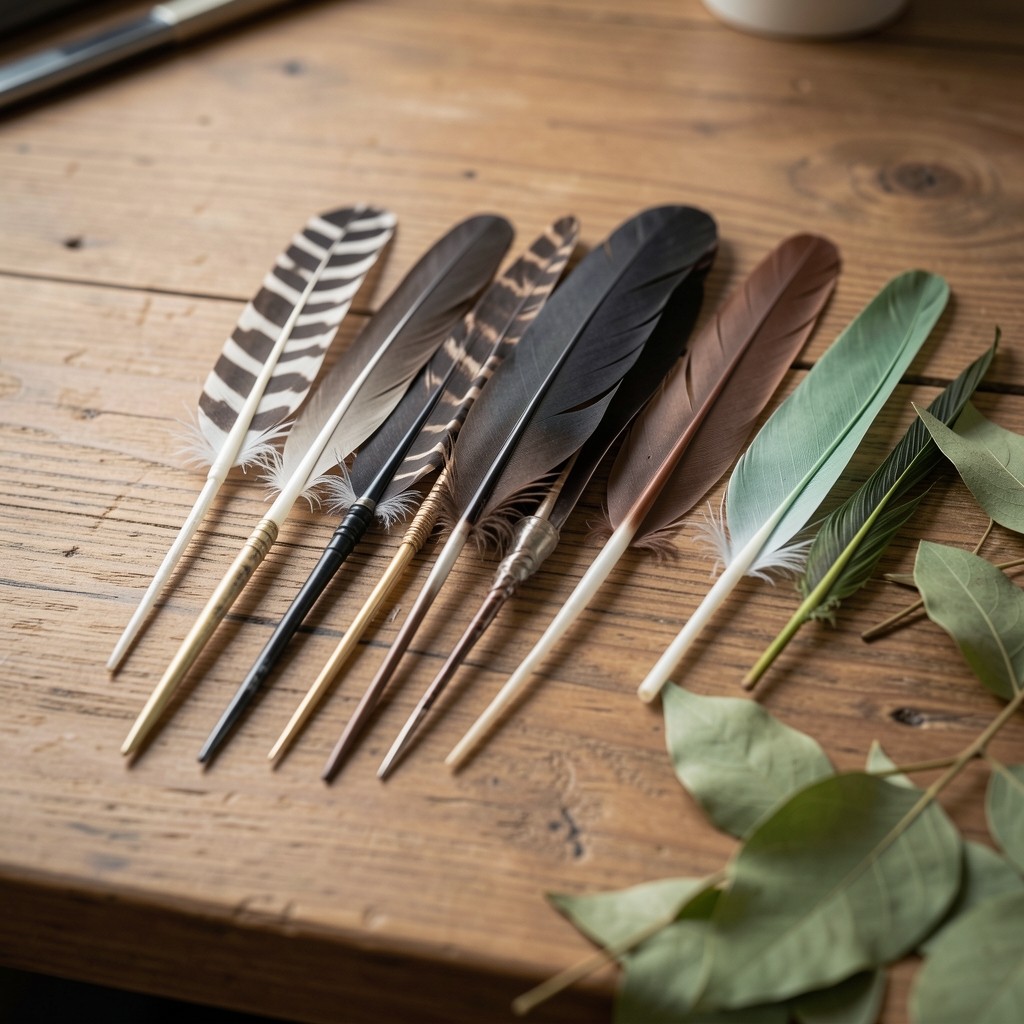 Varias plumas fuente de diferentes materiales alineadas sobre una mesa de madera junto a hojas de prueba