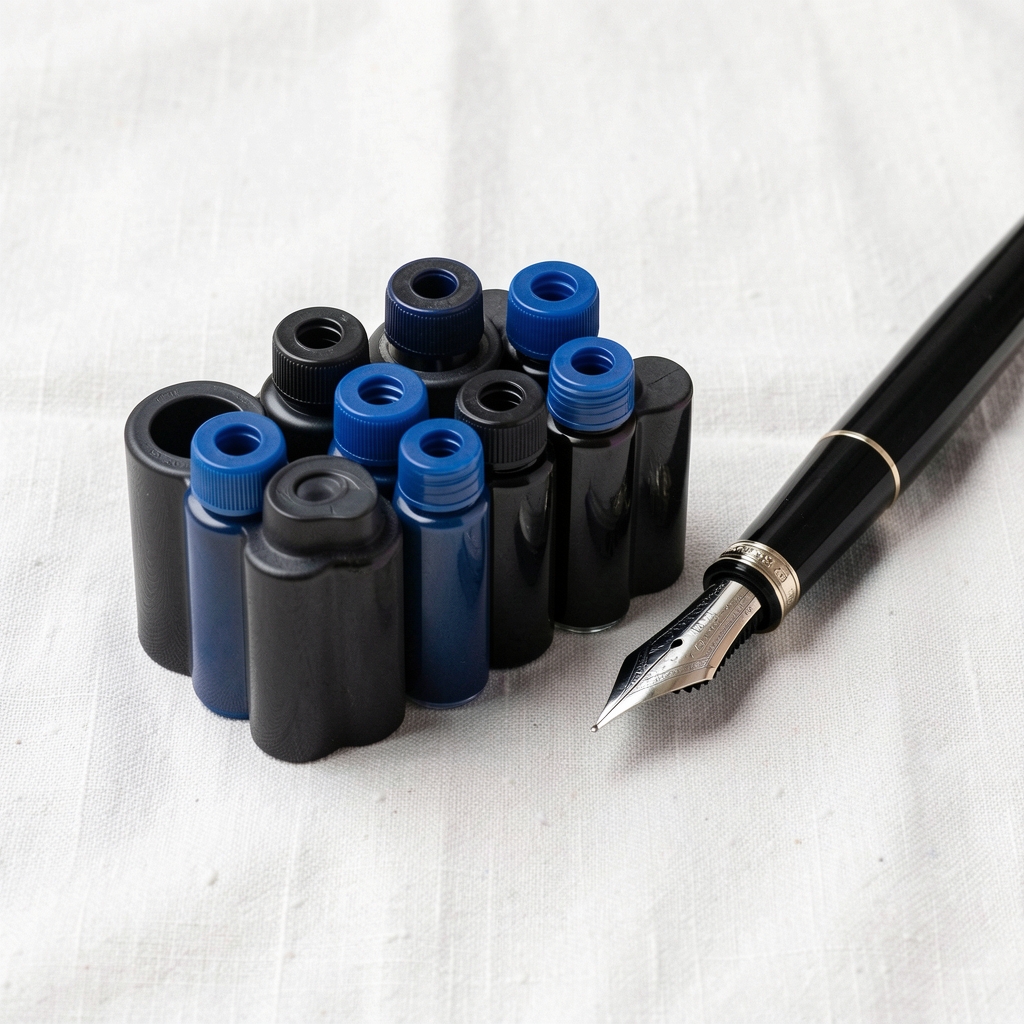 Cartuchos de tinta azul oscuro ordenados junto a una pluma fuente sobre fondo de lino blanco