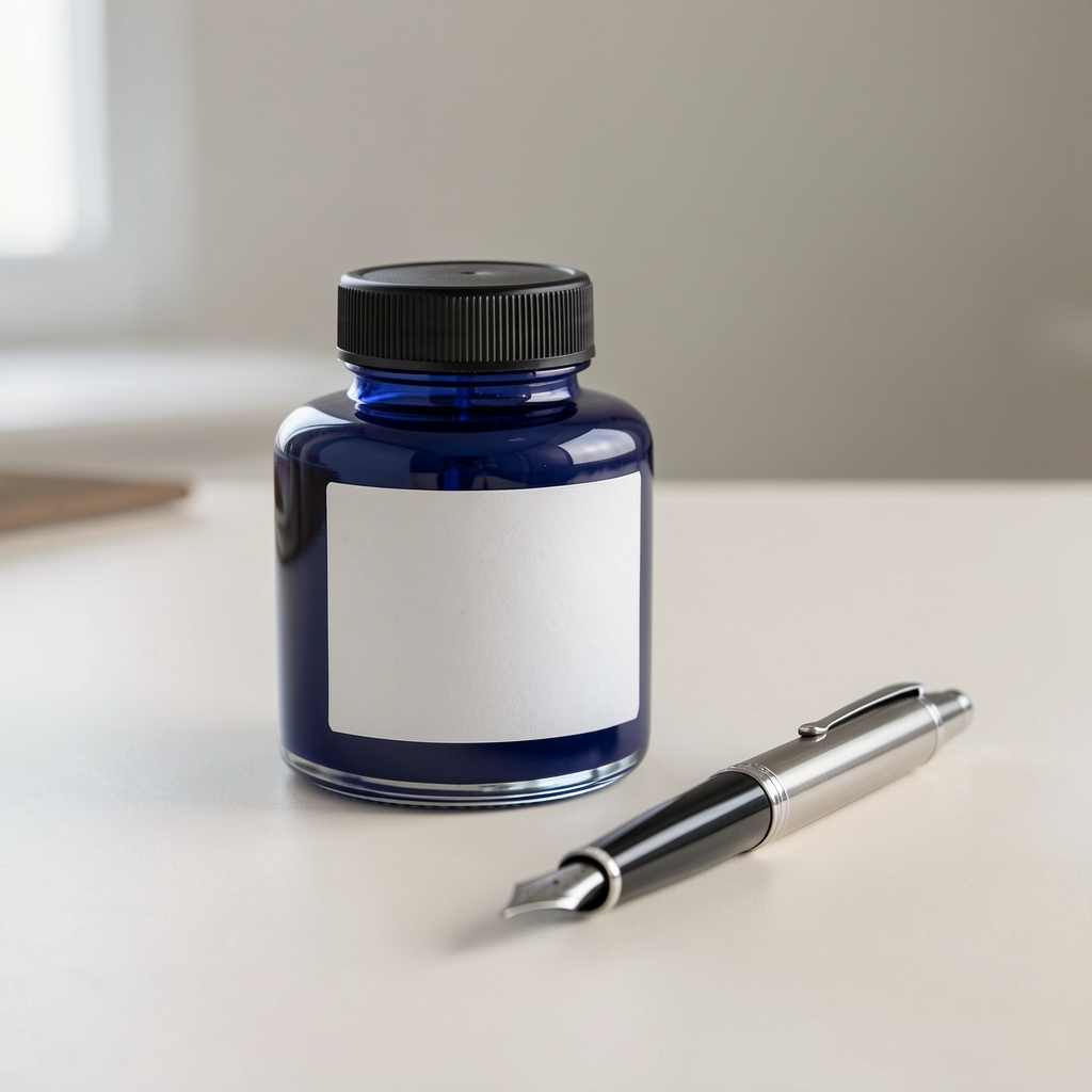 Frasco de tinta azul profundo con etiqueta sobria junto a una pluma metálica sobre escritorio claro
