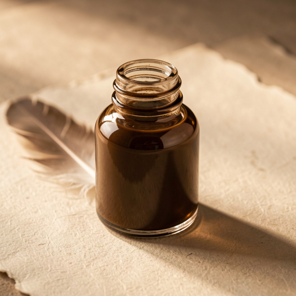 Frasco de tinta sepia con reflejo cálido y plumilla apoyada sobre papel texturizado