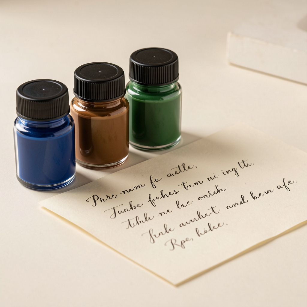 Frascos de tinta azul, sepia y verde junto a muestras de escritura sobre papel crema
